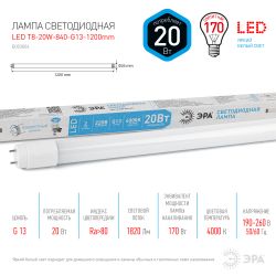 Лампа светодиодная ЭРА STD LED T8-20W-840-G13-1200mm 20Вт трубка стекло нейтральный белый свет G13 поворотный | Лампы cветодиодные Линейные  (T8)