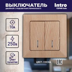 Выключатель Intro Solo 4-105-11 двухклавишный с подсветкой, 10А-250В, IP20, СУ, сосна