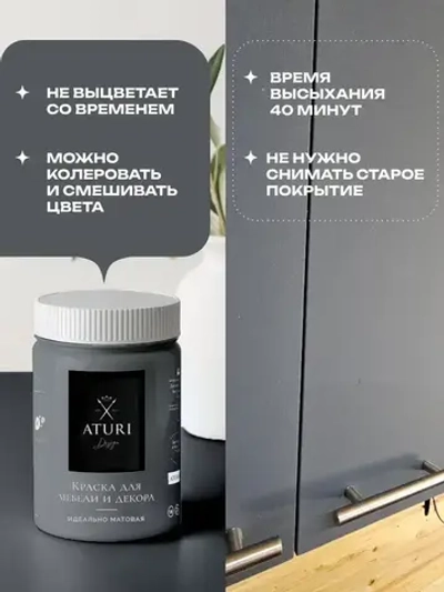 Краска для мебели 800гр без запаха быстросохнущая Aturi Design Classic Лакричная ночь серый графит матовое покрытие; для кухни, дверей, дерева, декора, безопасная, меловая