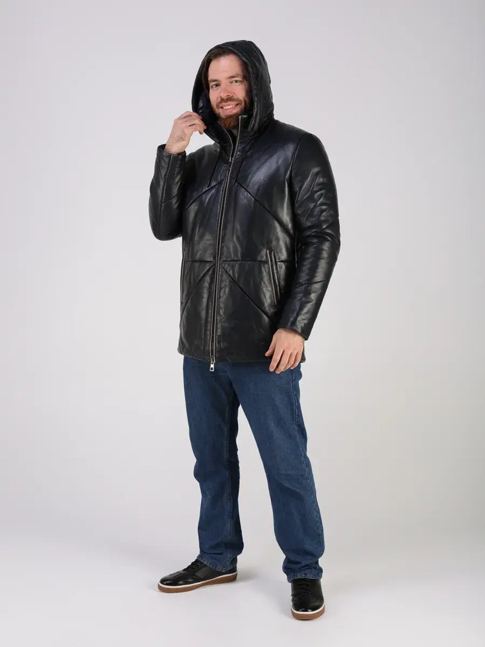 Куртка зимняя кожаная с капюшоном пуховик