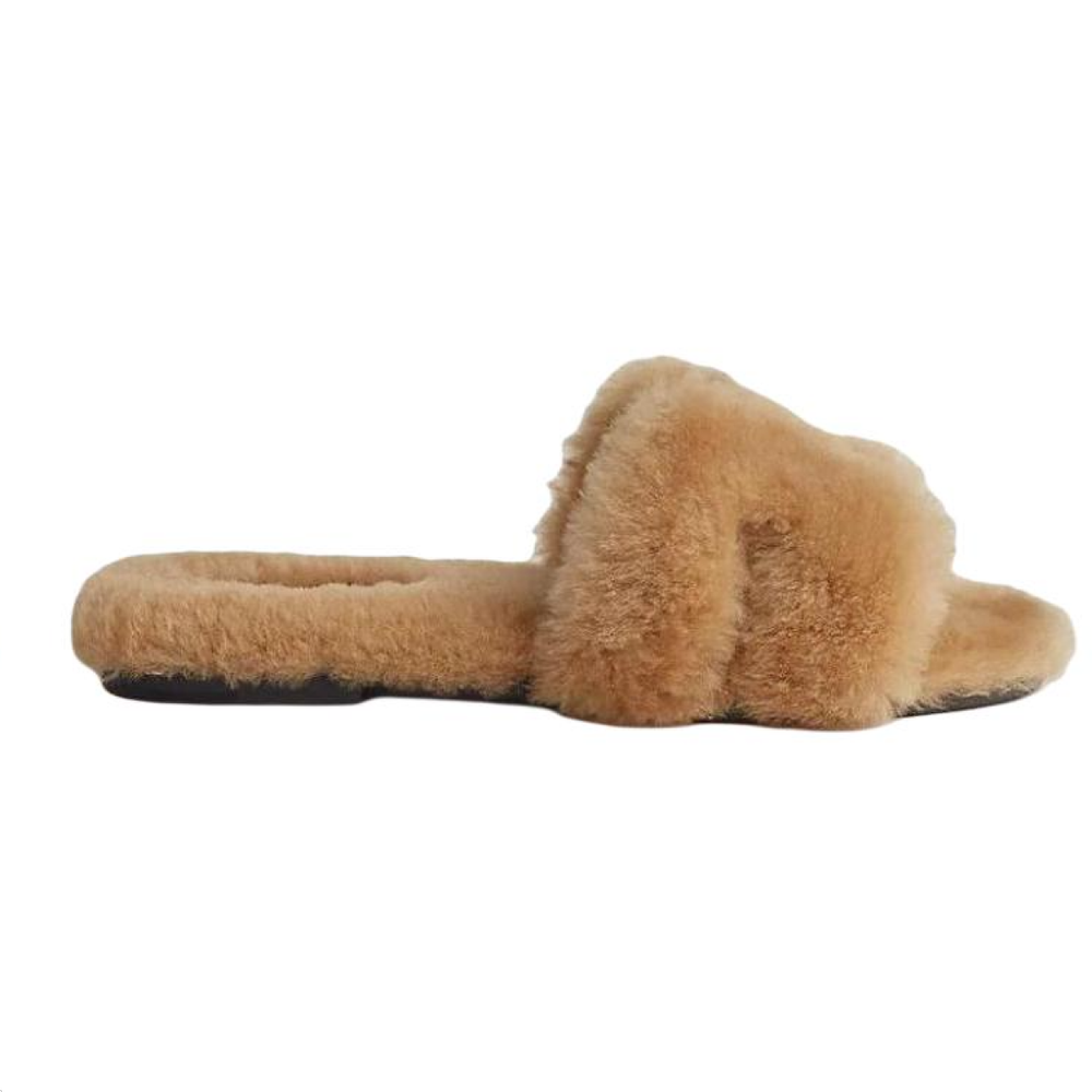 Hermes Oran sheepskin all-match comfortable one-word slippers women's brown, H231288Z 1J