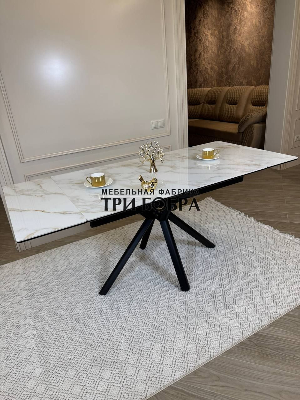 Кухонный раскладной стол "Монако" из керамогранита, белый мрамор