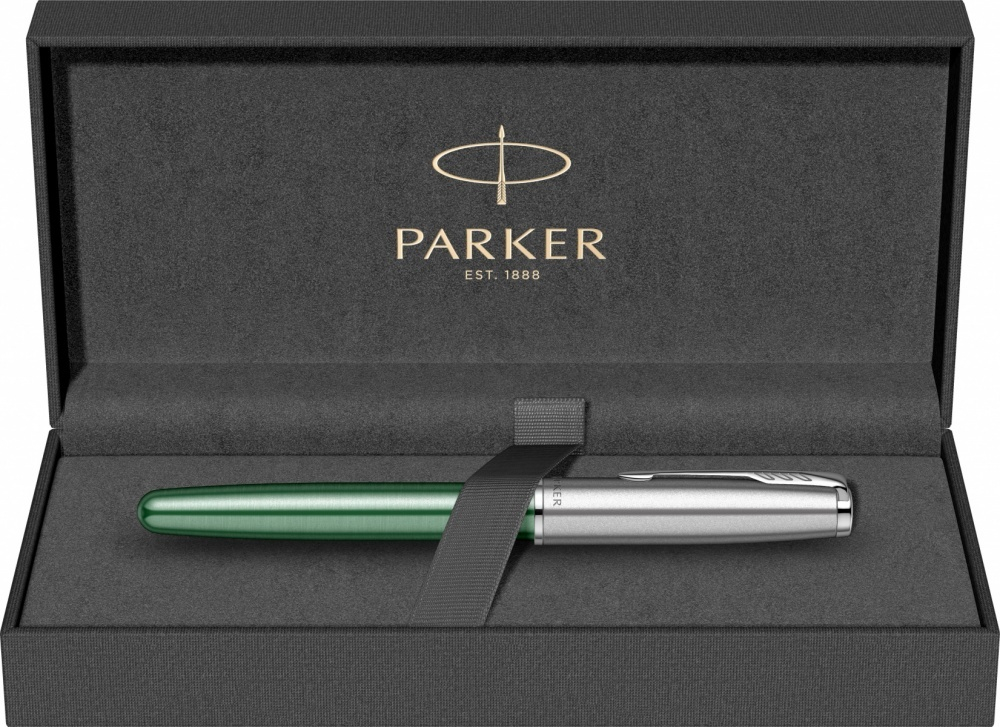 Ручка-роллер Parker Sonnet Essentials Green SB Steel CT 2169364, цвет чернил black, перо: F, в подарочной упаковке.