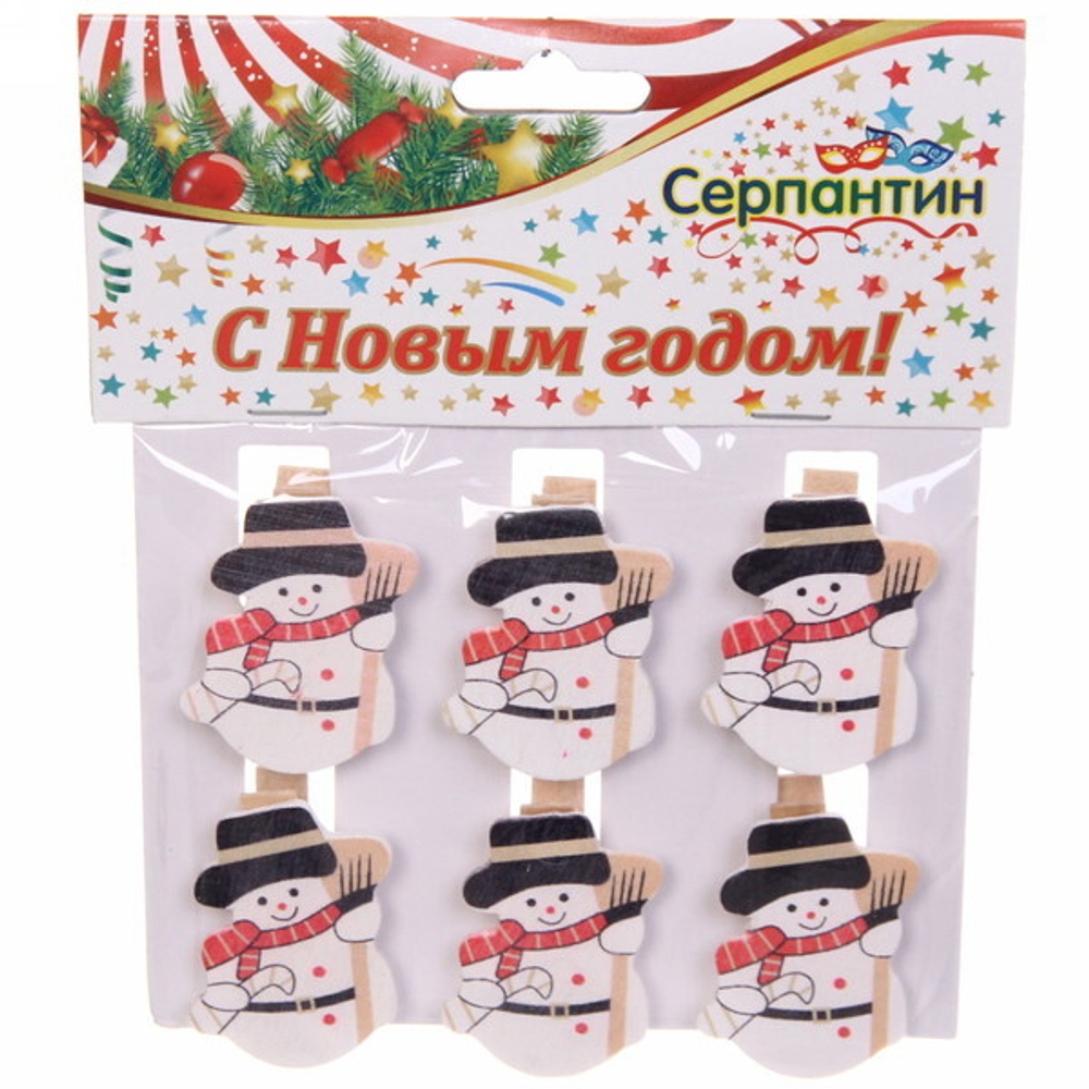 Прищепки декоративные «Снеговик в шляпе» 3,5 см (набор 6 шт)