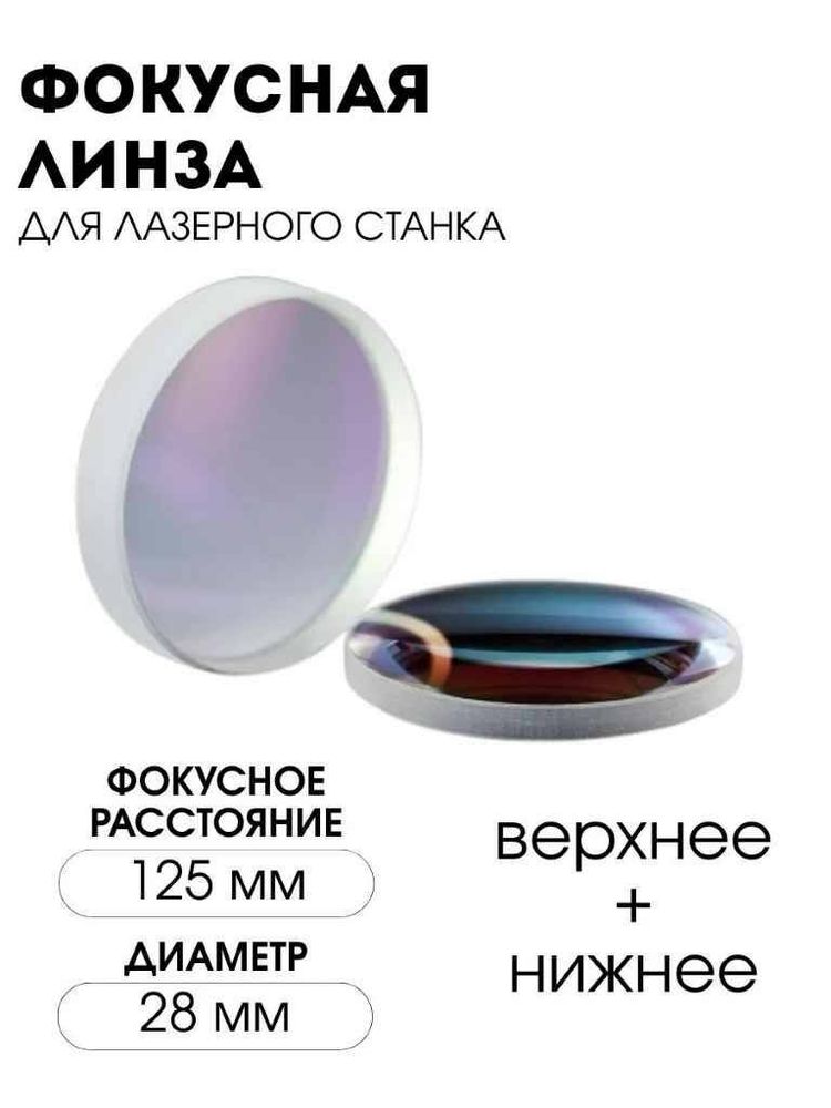 Фокусирующая линза для лазерного станка D28мм с фокусным расстоянием 125 мм, состоит из 2 частей
