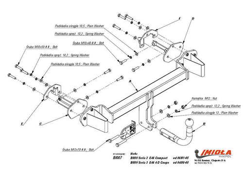Фаркоп IMIOLA B.007 BMW 3-Series седан/купе 1998-2005, BMW 3-Series Compact 2001-2005(паспорт и сертификат в комплекте)(без электрики)