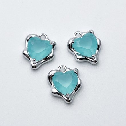 Подвеска Сердце, цвет серебро (родий) + голубой матовый, размер 13*10 мм, цена за 1 шт