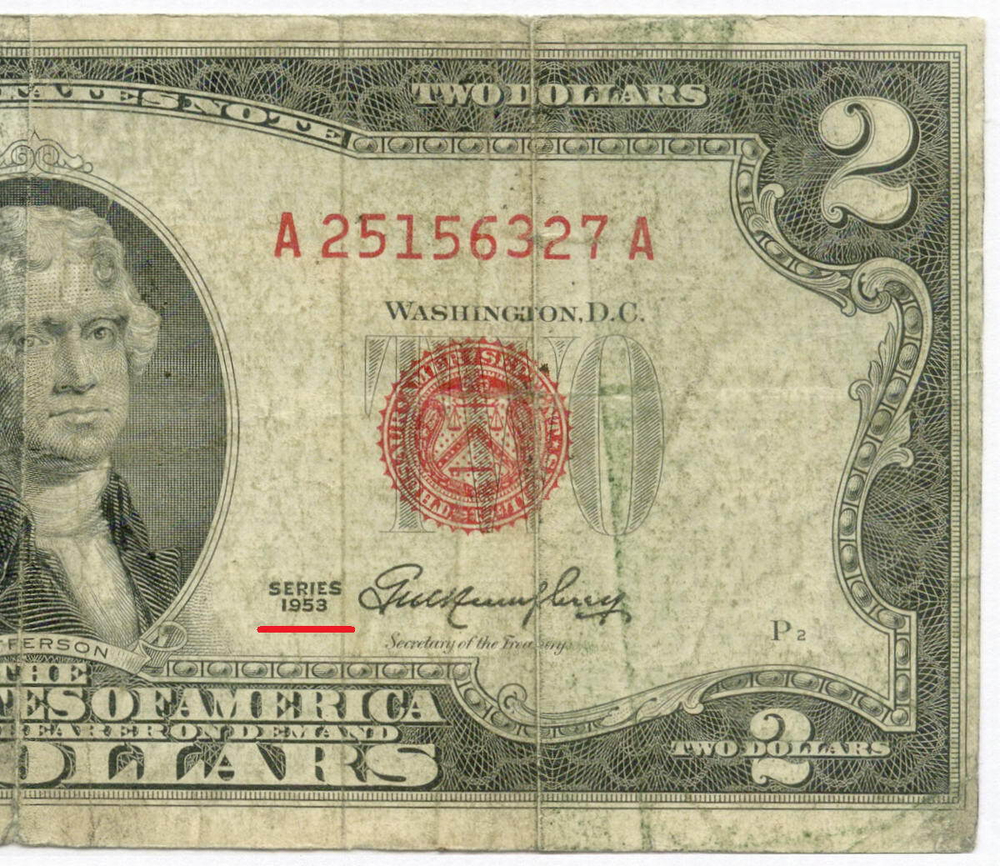 Банкнота США 2 доллара 1953 A 25156327 A. VG-