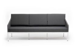 "Канны" диван 3-местный плетеный из роупа, каркас алюминий белый муар, роуп светло-серый круглый, ткань серая 017