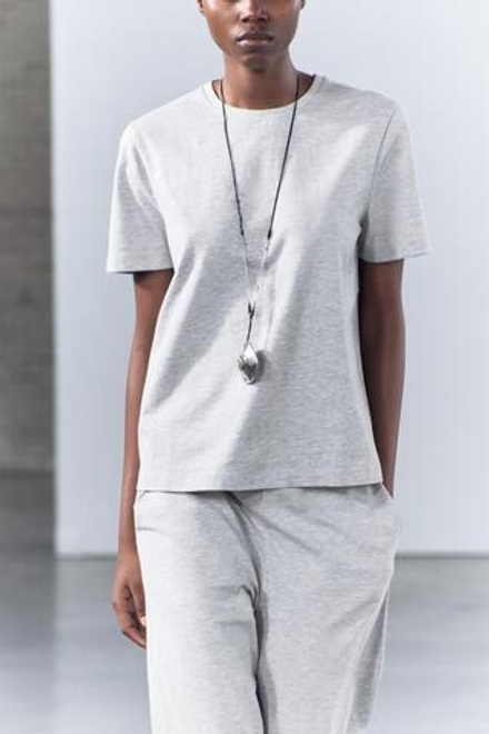 ZARA ФУТБОЛКА ИЗ ПЛОТНОГО ХЛОПКА,  СЕРЫЙ С МЕЛАНЖЕВЫМ ЭФФЕКТОМ