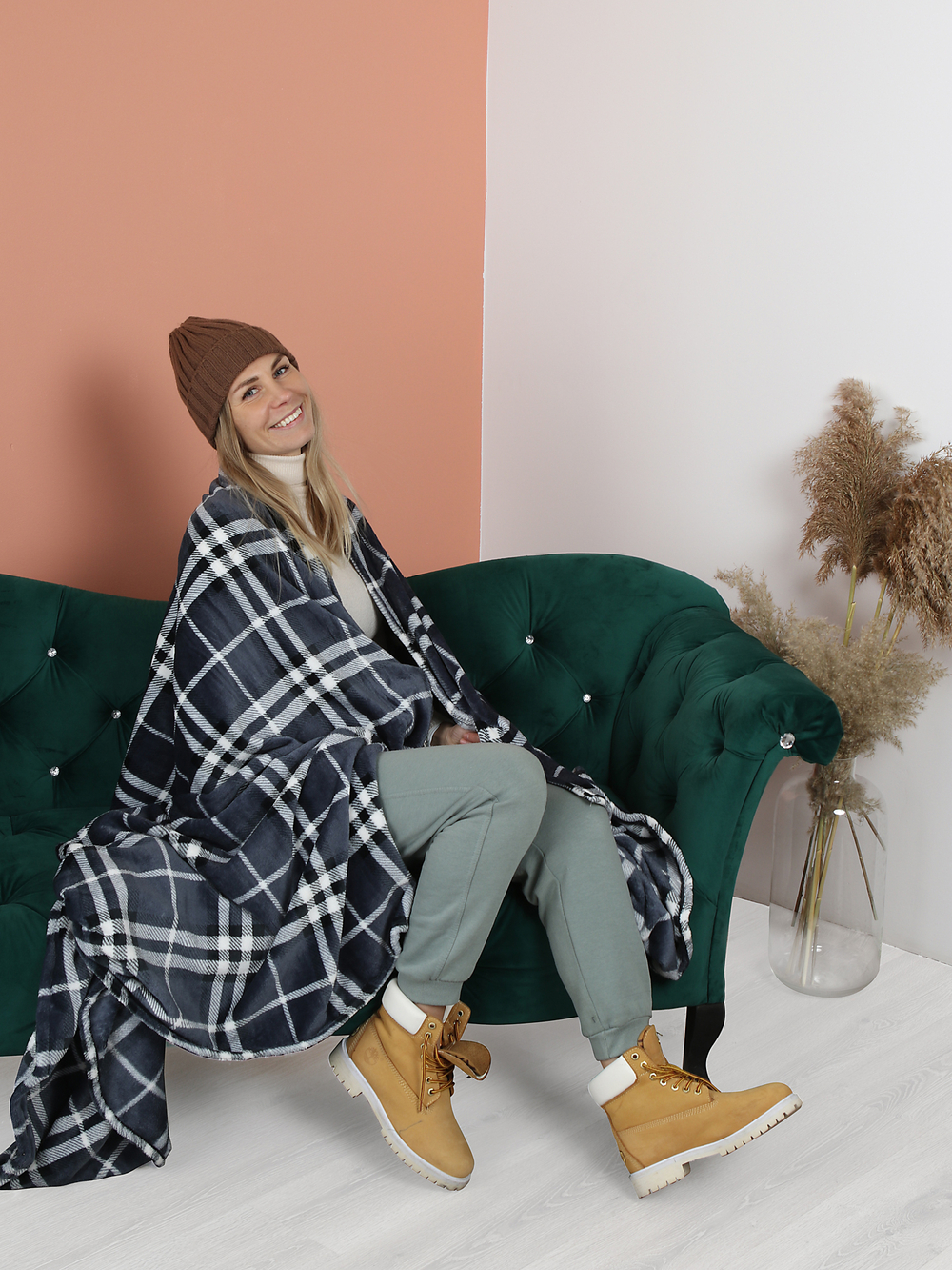 Плед велсофт PRIVAL, серая клетка 180 см х200 см