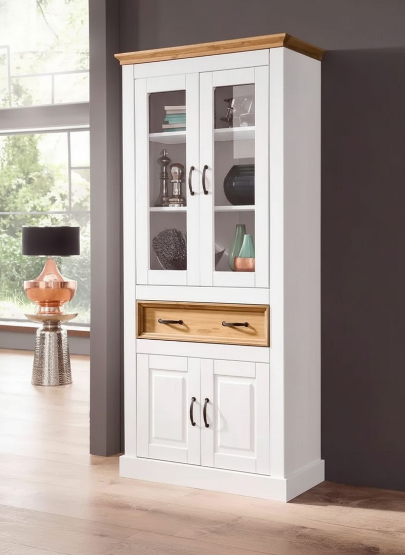 Шкаф витрина, 84х35х180, Ландхаус, буфет для кухни, шкаф для посуды, из массива дерева, с ящиком, Dipriz