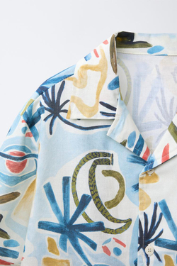 ZARA РУБАШКА С ПРИНТОМ «ФОРМЫ», ВЫЦВЕТШИЙ СИНИЙ