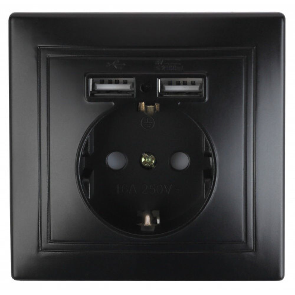 Розетка Intro Plano 1-410-05 с заземлением 2P+E Schuko со шторками, 16А-250В + 2хUSB 5В-2,1А, IP20, СУ, антрацит | Intro Plano Антрацит
