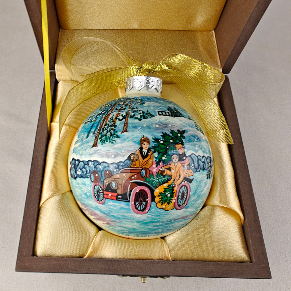 Коллекционный шар новогодний с круговой росписью Палех "Новый год"-3 в футляре