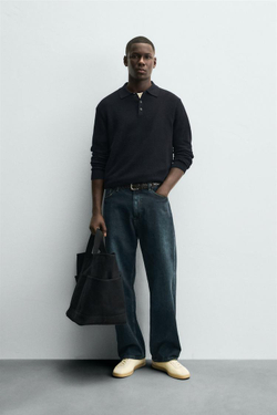 ZARA ТРИКОТАЖНОЕ ПОЛО ИЗ ХЛОПКА И ЛИОЦЕЛЛА, МОРСКОЙ СИНИЙ