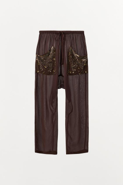 ZARA БРЮКИ BAGGY С БУСИНАМИ И ПАЙЕТКАМИ, КОРИЧНЕВЫЙ