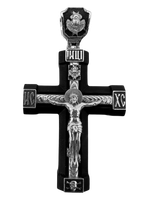 Крест деревянный с элементами серебра “Распятие.Ангел Серафим.Спас Нерукотворный.Икона Владимирской Богоматери.Святой Николай Чудотворец.Сергий Радонежский.Ангел Хранитель.”