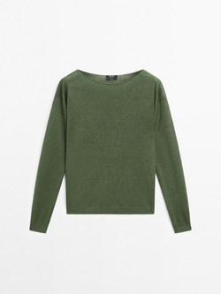 Massimo Dutti Свитер из 100% льна с вырезом лодочкой, цвет мха