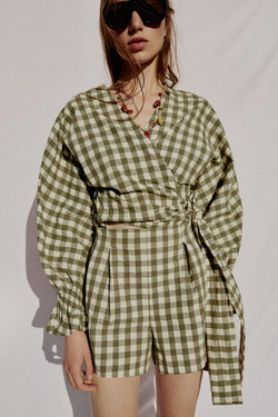 ZARA ШОРТЫ В КЛЕТКУ ВИШИ, МЯГКИЙ ЗЕЛЕНЫЙ