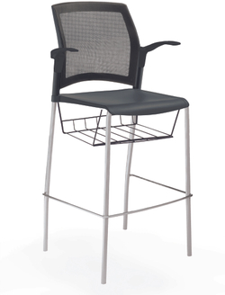 стул Rewind стул барный на 4 ногах, каркас серый, пластик черный, спинка-сетка, с открытыми подлокотниками, с подседельной корзиной