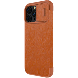 Кожаный чехол книжка коричневого цвета от Nillkin для iPhone 14 Pro, серия Qin Pro Leather с защитной шторкой для камеры