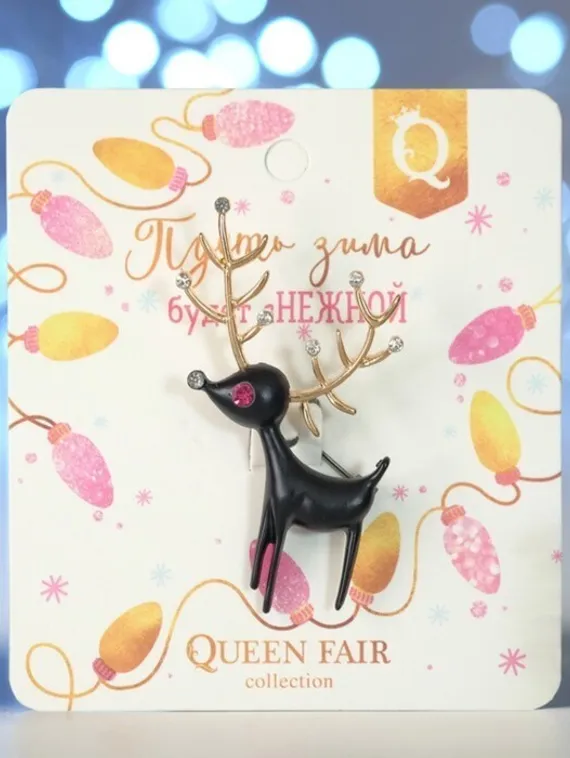 Брошь новогодняя "Олень" мультяшный, цвет чёрный в золоте