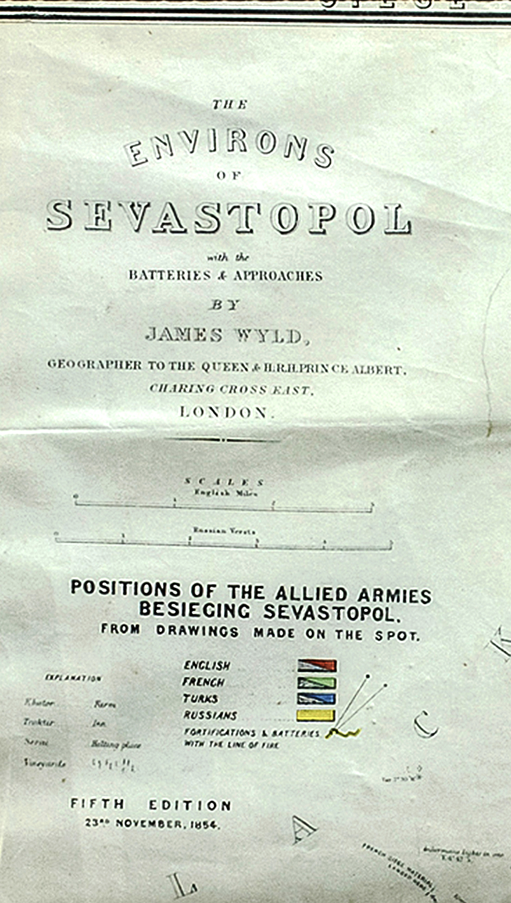 Карта обороны и осады Севастополя 1854 с указанием батарей и подходов. Джеймс Уайлд. 1854г. 1-е изд.