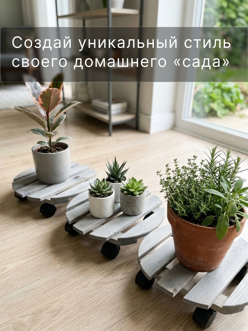 Подставка для цветов, 30х30х7, Флорэль, круглая на колесиках, этажерка, напольное, на подоконник, полка, из массива дерева, серый, Dipriz