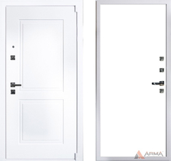 Входная белая металлическая дверь Нео Вайт Гладкая 05 Софт белый, без текстуры (фурнитура ХРОМ блестящий)