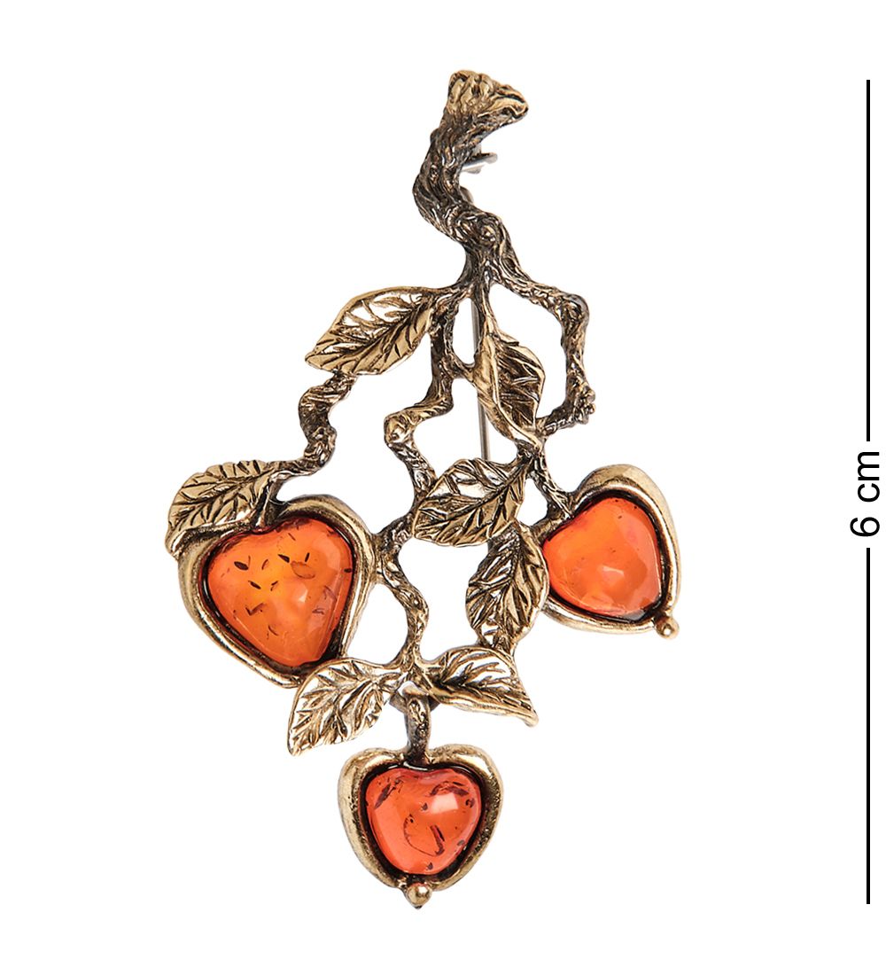 AM-1647 Брошь «Яблочки на ветке» (латунь, янтарь)