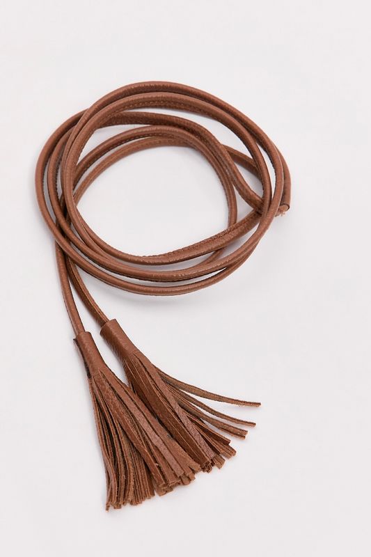Пояс-шнурок с кисточками  из натуральной кожи, коричневый