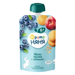 Фрутоняня пауч пюре из яблок, черники с печеньем 90г с 6 месяцев