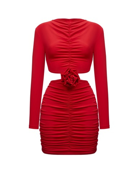 Платье со сборкой и декором "Роза", красный
