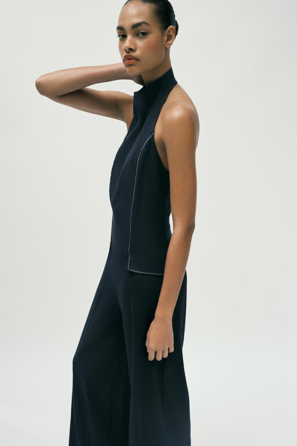 ZARA КОМБИНЕЗОН ХАЛТЕР С КОНТРАСТНОЙ СТРОЧКОЙ И ЛЬНОМ, МОРСКОЙ СИНИЙ