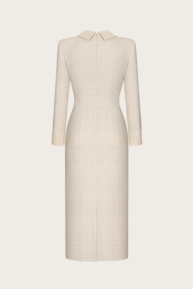 ПЛАТЬЕ ИЗ БЕЖЕВОЙ ШЕРСТИ С КРУЖЕВНЫМИ ВОРОТНИКОМ И МАНЖЕТАМИ