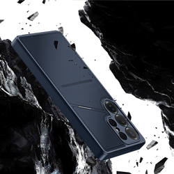 Чехол синего цвета с MagSafe и подставкой-картхолдером от Dux Ducis для Samsung Galaxy S25 Ultra, серия Rafi II Mag Series