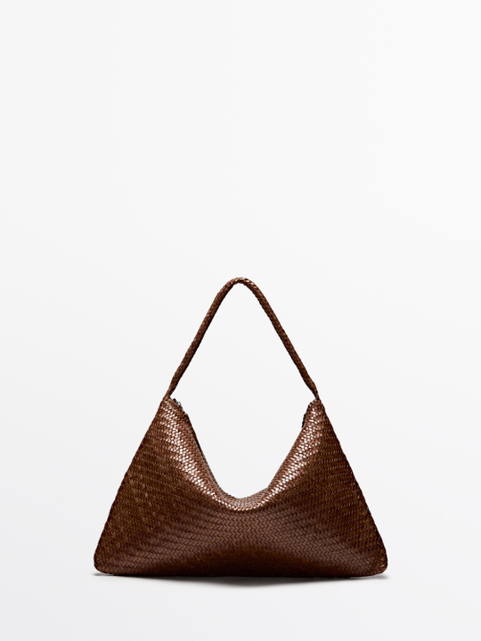 Massimo Dutti Большая плетеная сумка-саквояж из кожи наппа, коричневый