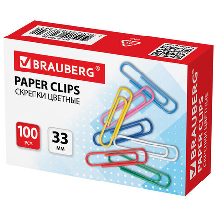 Скрепки BRAUBERG, 33 мм, 2 упаковки, цветные, 100 шт., в картонной коробке, 270444