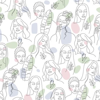 разные абстрактные женские лица, листья и цветы