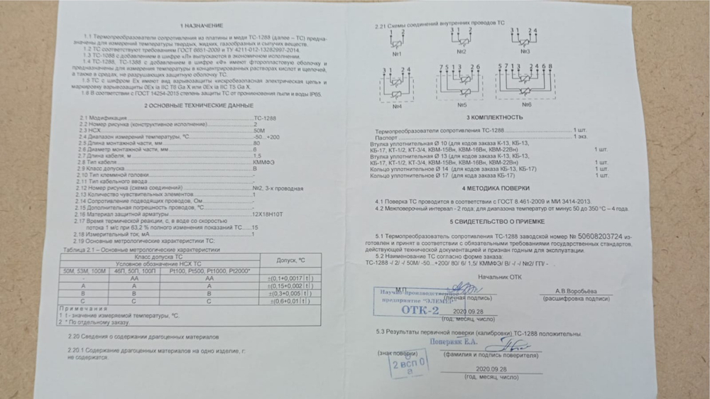 Термопреобразователь сопротивления ТС-1288/2/ 50М/ -50...+200/ 100/ 6/ 10/КММФЭ/В3
