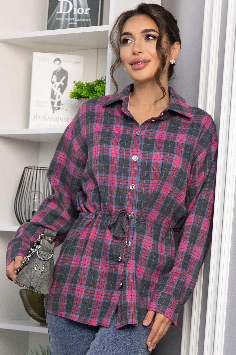 Рубашка хлопковая Джанет (розово-серая) Б14273-4М LT Collection