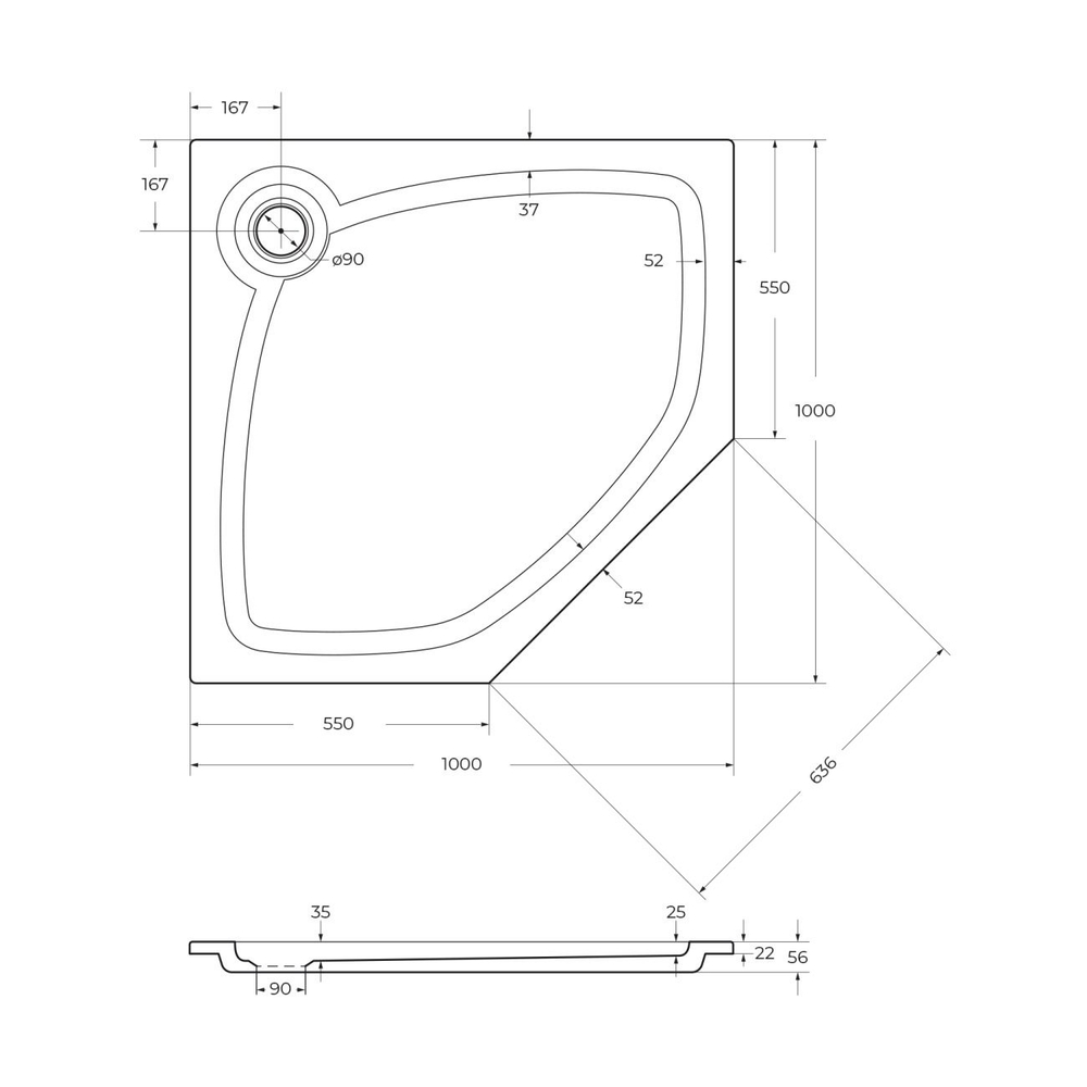 Душевой поддон из искусственного мрамора 100х100 Cezares TRAY-S-P-100-56-W без сифона