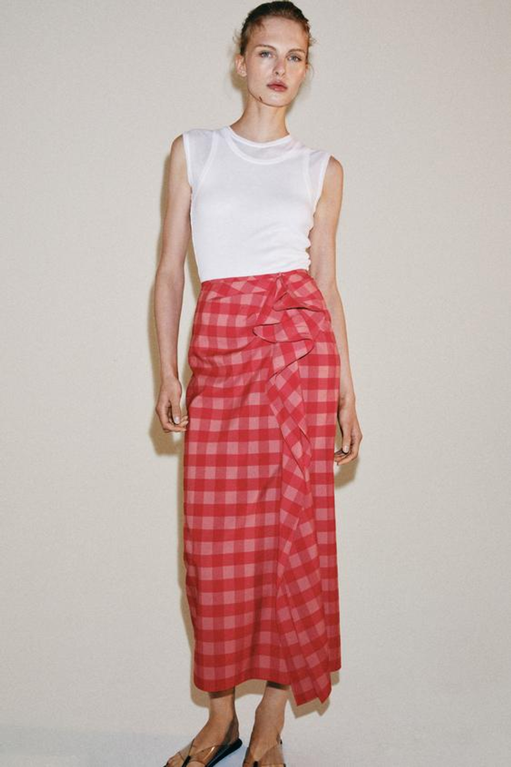 ZARA ЮБКА МИДИ С ВОЛАНАМИ — ZW COLLECTION, КРАСНЫЙ