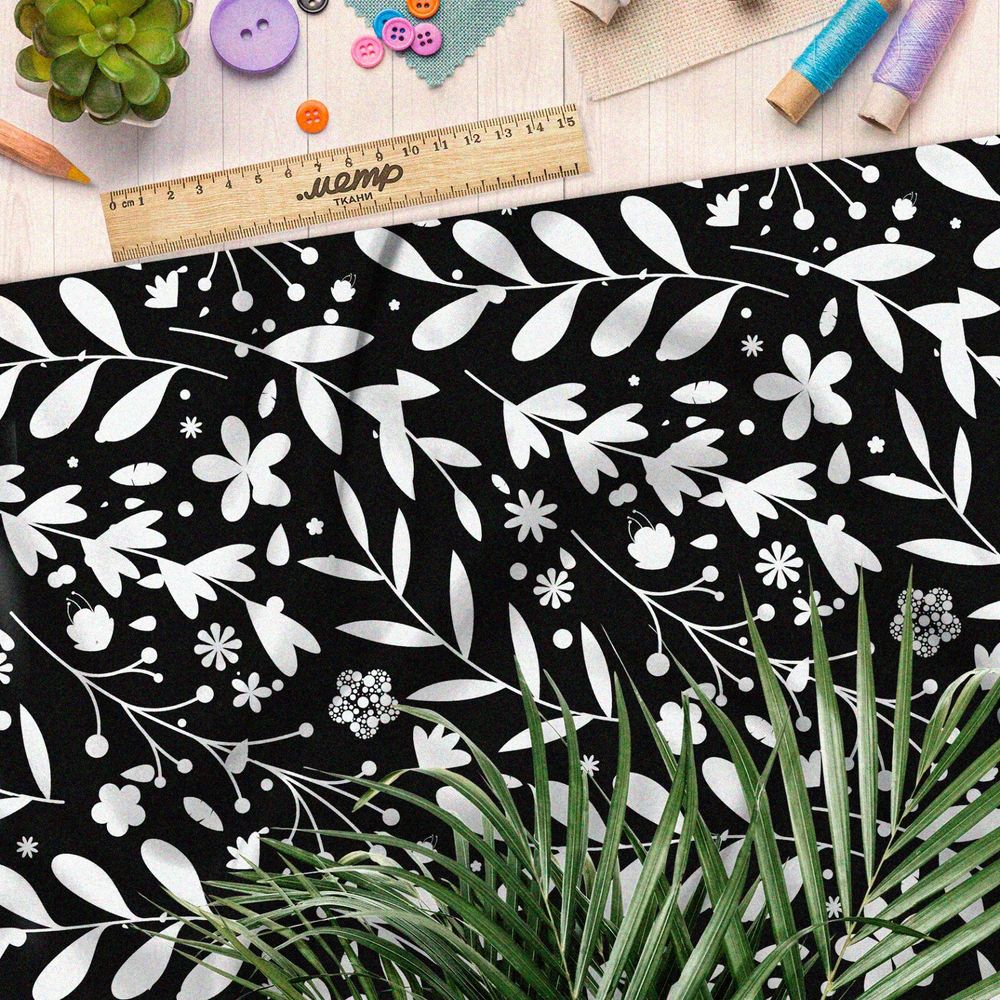 Ткань мембрана белая трава на чёрном фоне