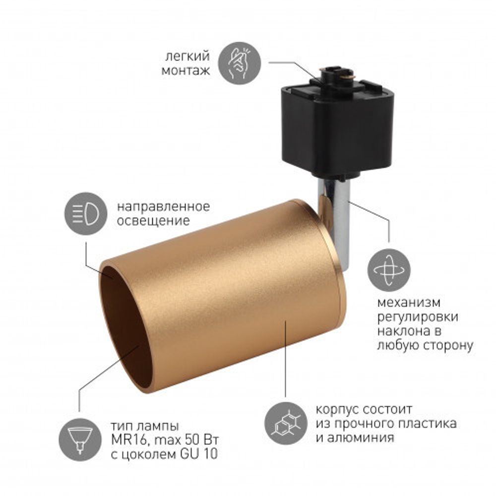 Трековый светильник однофазный ЭРА TR14-GU10 SG под лампу MR16 сатин-золото