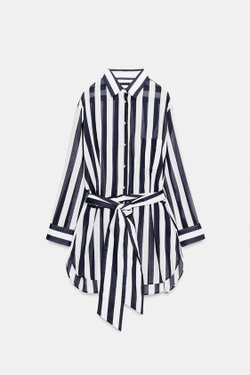 ZARA РУБАШКА В ПОЛОСКУ ZW COLLECTION, БЕЛЫЙ/МОРСКОЙ СИНИЙ