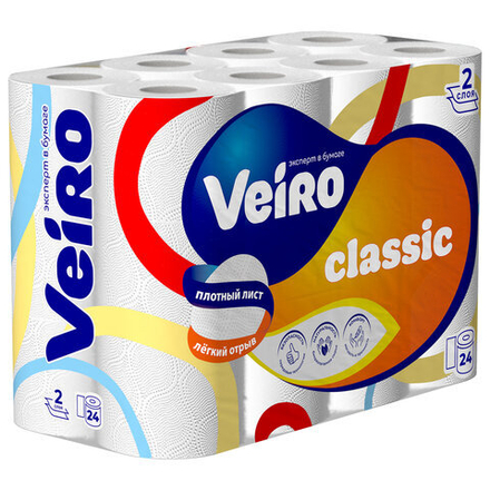 Бумага туалетная бытовая, спайка 24 шт., 2-х слойная (24×15 м), VEIRO Classic, белая