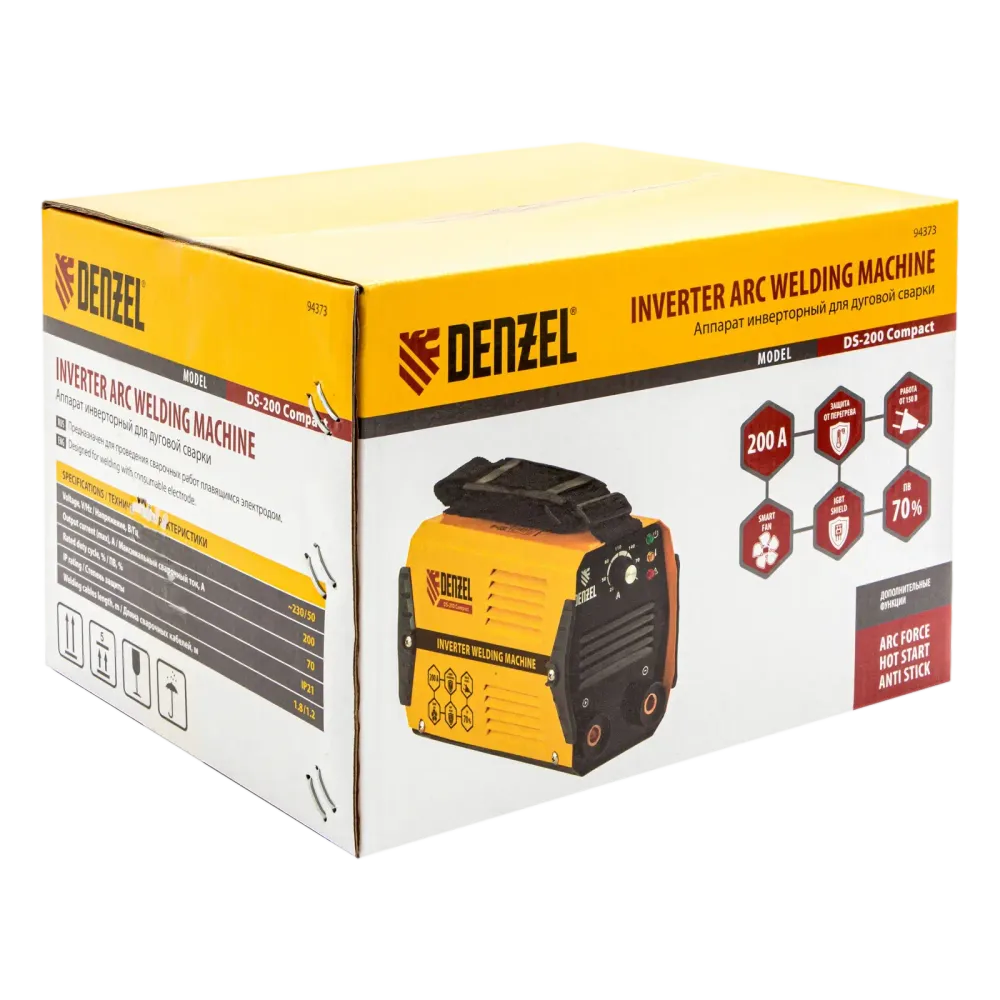 Аппарат инверторный дуговой сварки DS-200 Compact, 200 А, ПВ 70%, диаметр электрода 1.6-5 мм Denzel, 94373