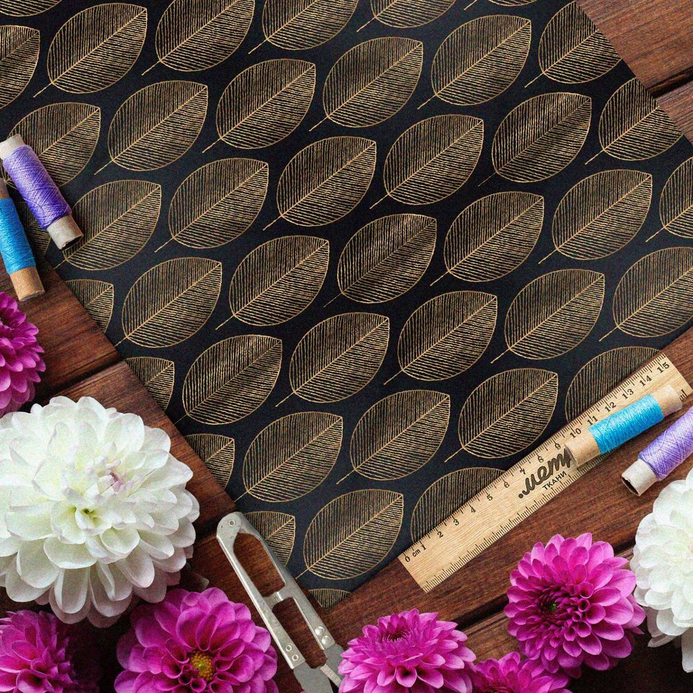 Ткань оксфорд 210 бронзовые листья на чёрном фоне